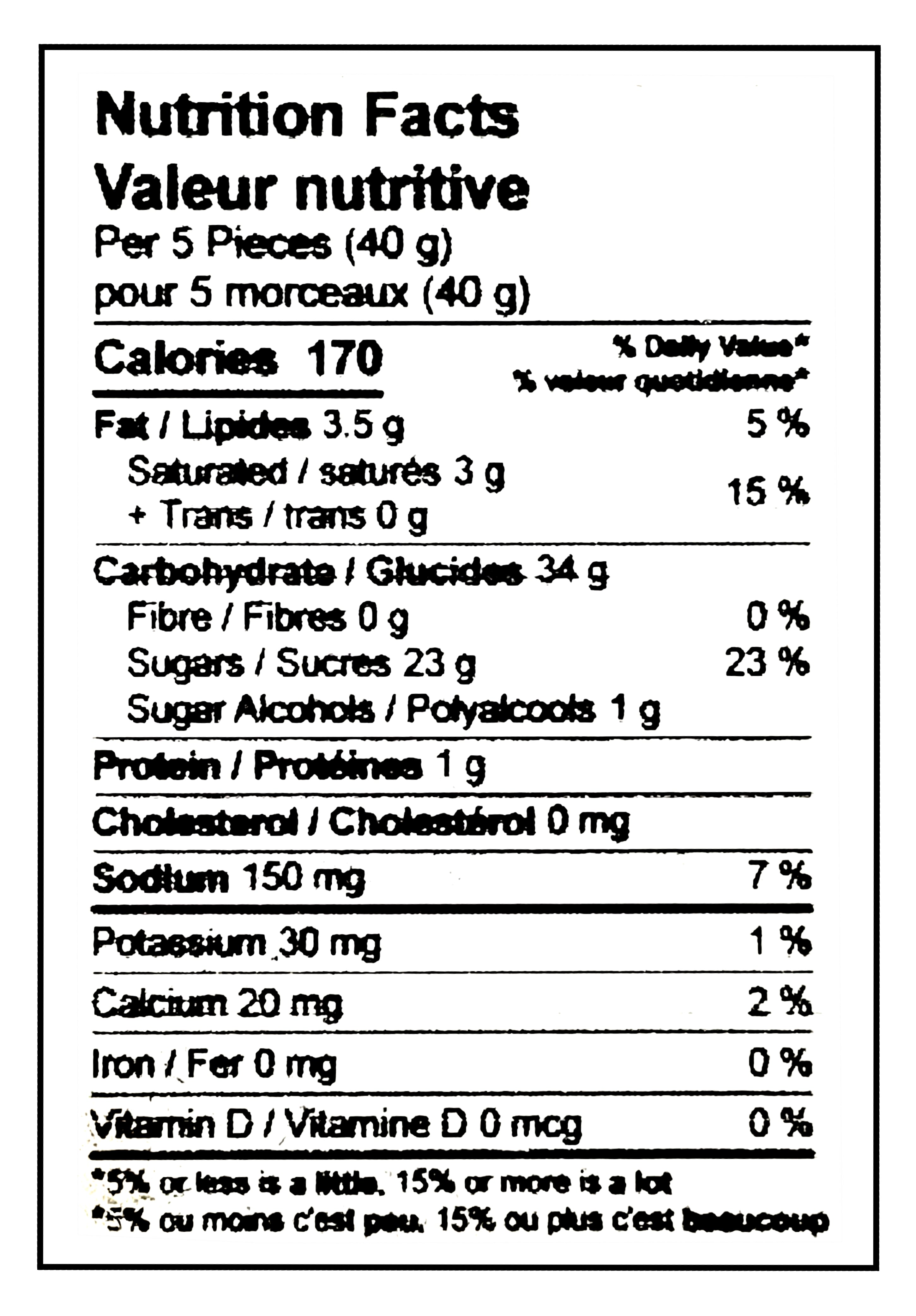 Kerr's Bulk Maple Toffee Candies, 5kg/11 lbs. - Nutrition Facts Label
