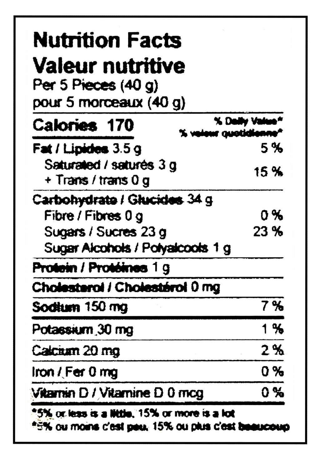 Kerr's Bulk Maple Toffee Candies, 5kg/11 lbs. - Nutrition Facts Label