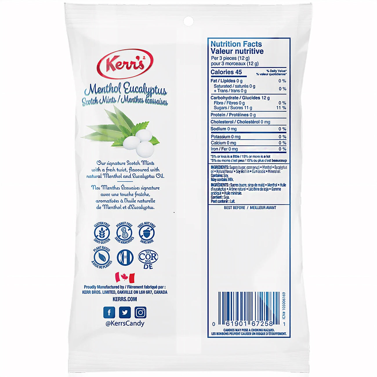Kerr's Menthol Eucalyptus Scotch Mints, (12x150g),1.8kg, back of bag.
