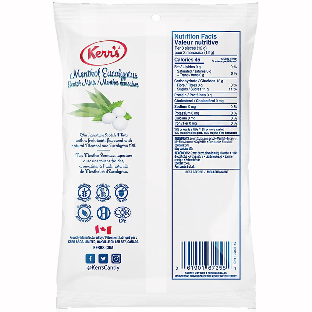Kerr's Menthol Eucalyptus Scotch Mints, (12x150g),1.8kg, back of bag.