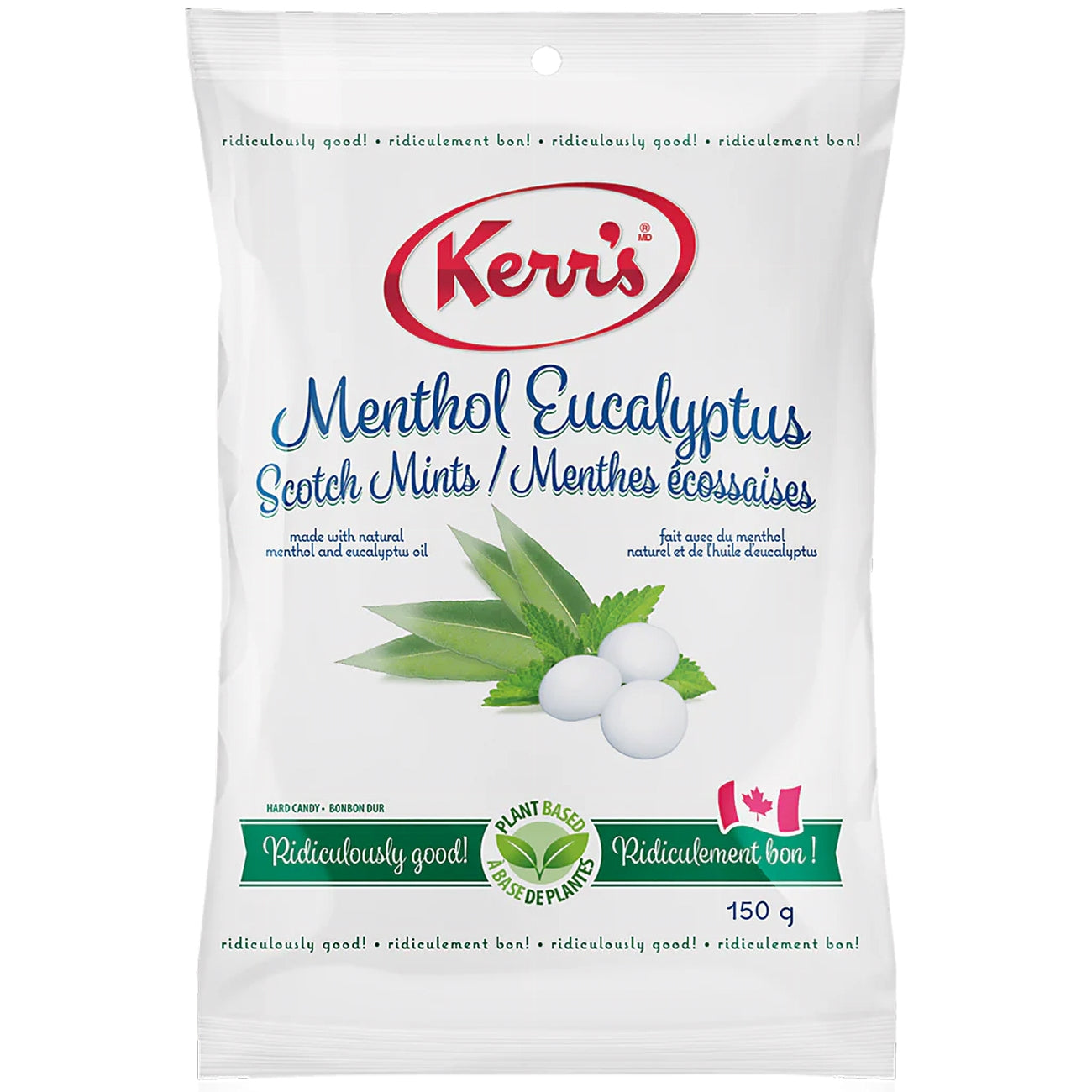 Kerr's Menthol Eucalyptus Scotch Mints, (12x150g),1.8kg, front of bag.