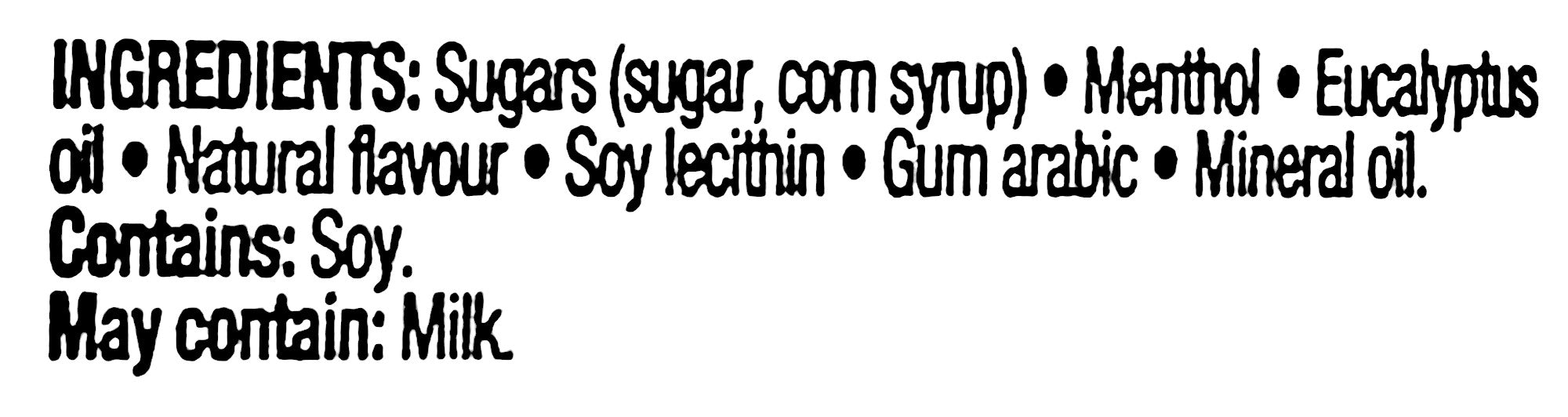 Kerr's Menthol Eucalyptus Scotch Mints, (12x150g),1.8kg, ingredients label.