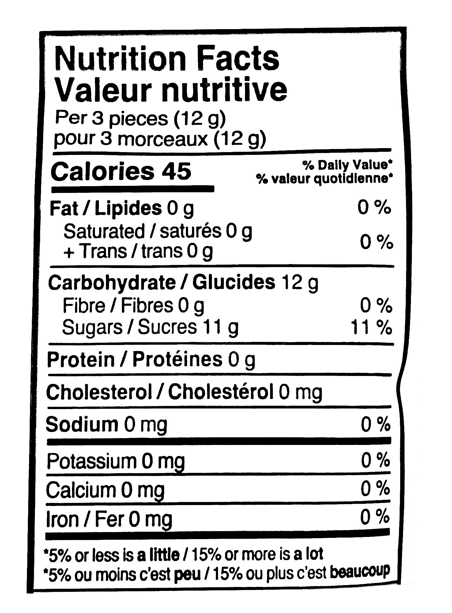 Kerr's Menthol Eucalyptus Scotch Mints, (12x150g),1.8kg, nutrition facts label.