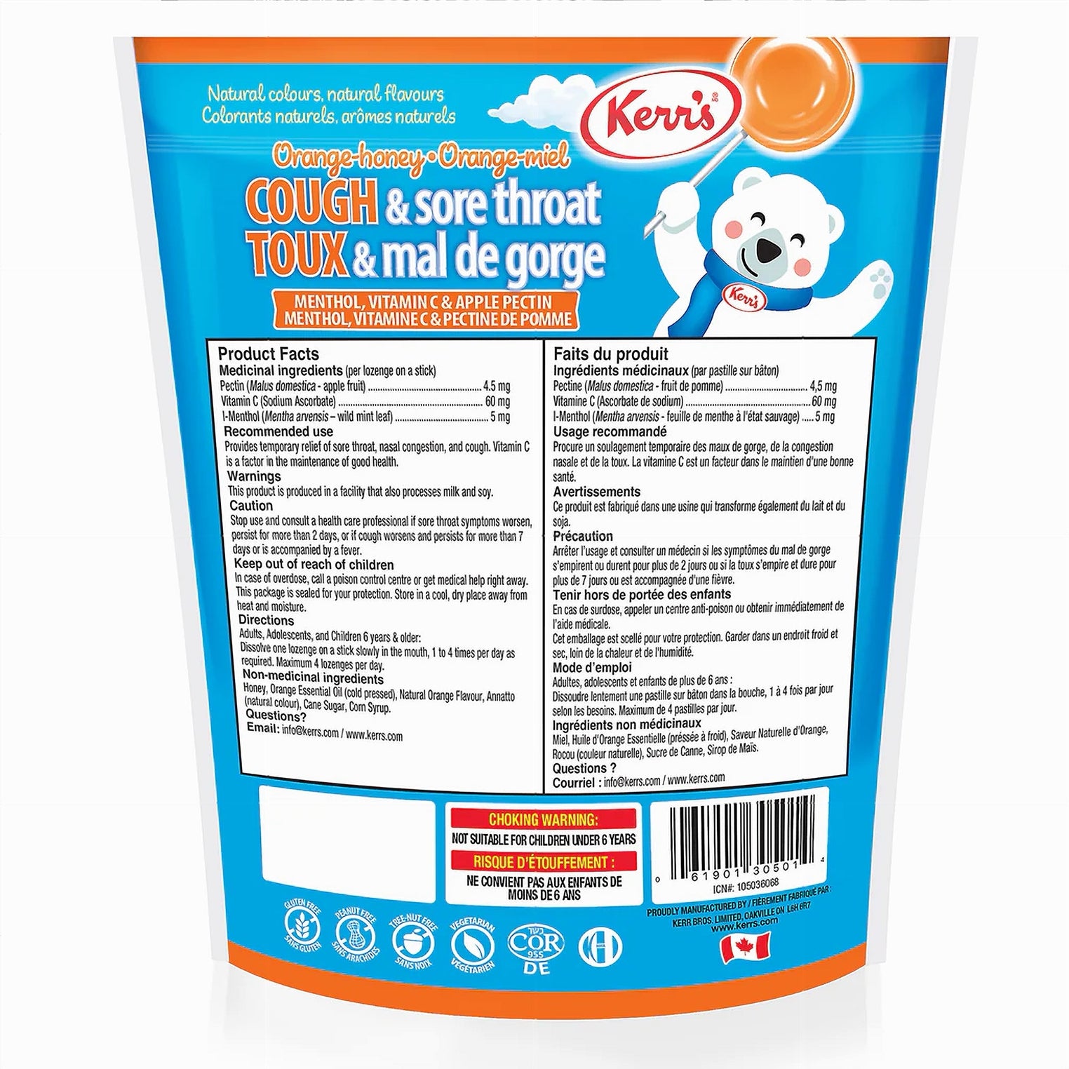 Kerr's cough and sore throat relief product packaging with blue and orange design.