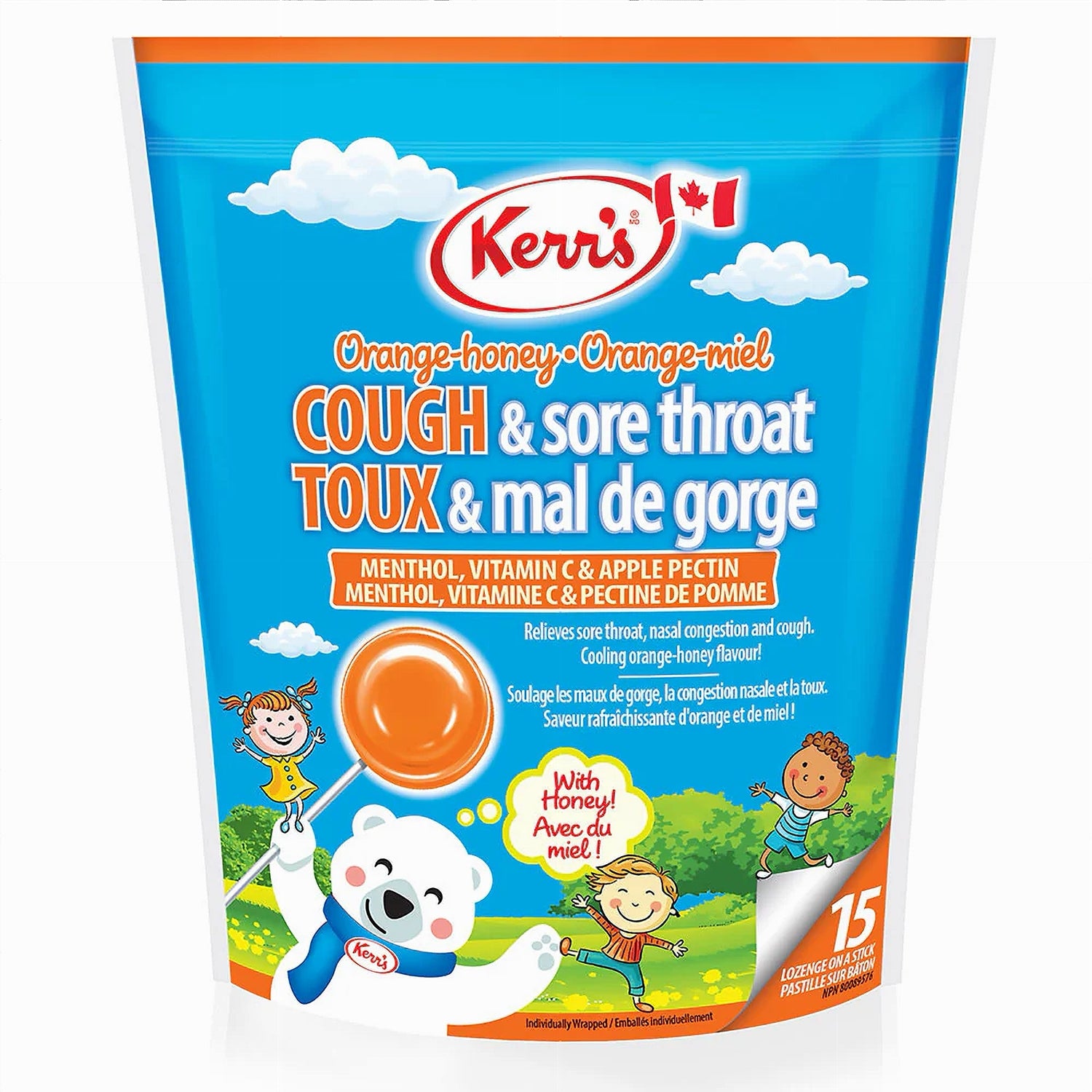 Bag of Kerr's COUGH & Sore Throat Lollypop Orange Lozenges on a white background