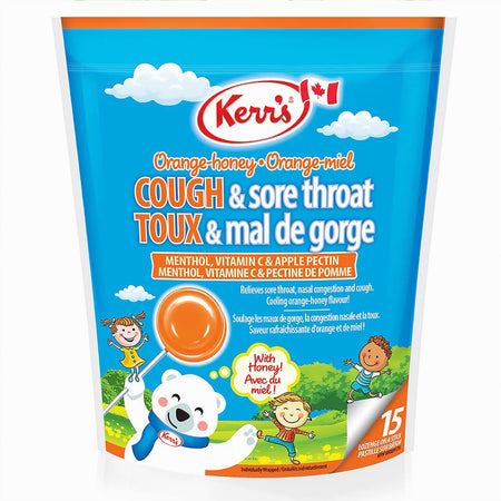 Bag of Kerr's COUGH & Sore Throat Lollypop Orange Lozenges on a white background