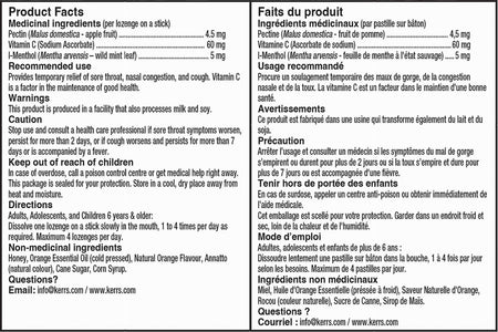 Product label for Kerr's COUGH & Sore Throat Lollypop Orange Lozenges with medicinal ingredients and usage instructions on a white background