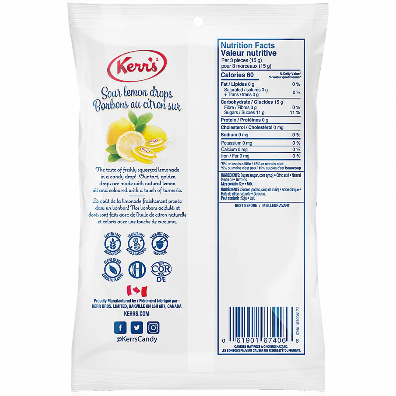 Back of Kerr's Sour Lemon Drops Candy, 150g/5.3 oz., Bag