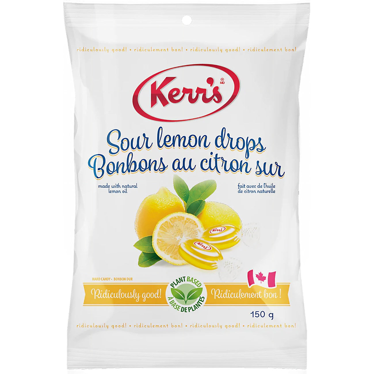 Front of Kerr's Sour Lemon Drops Candy, 150g/5.3 oz., Bag