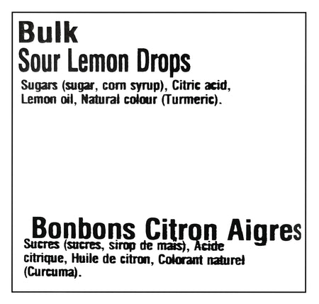 Kerr's Bulk Sour Lemon Drops, 5kg/11 lbs. - Ingredients Label