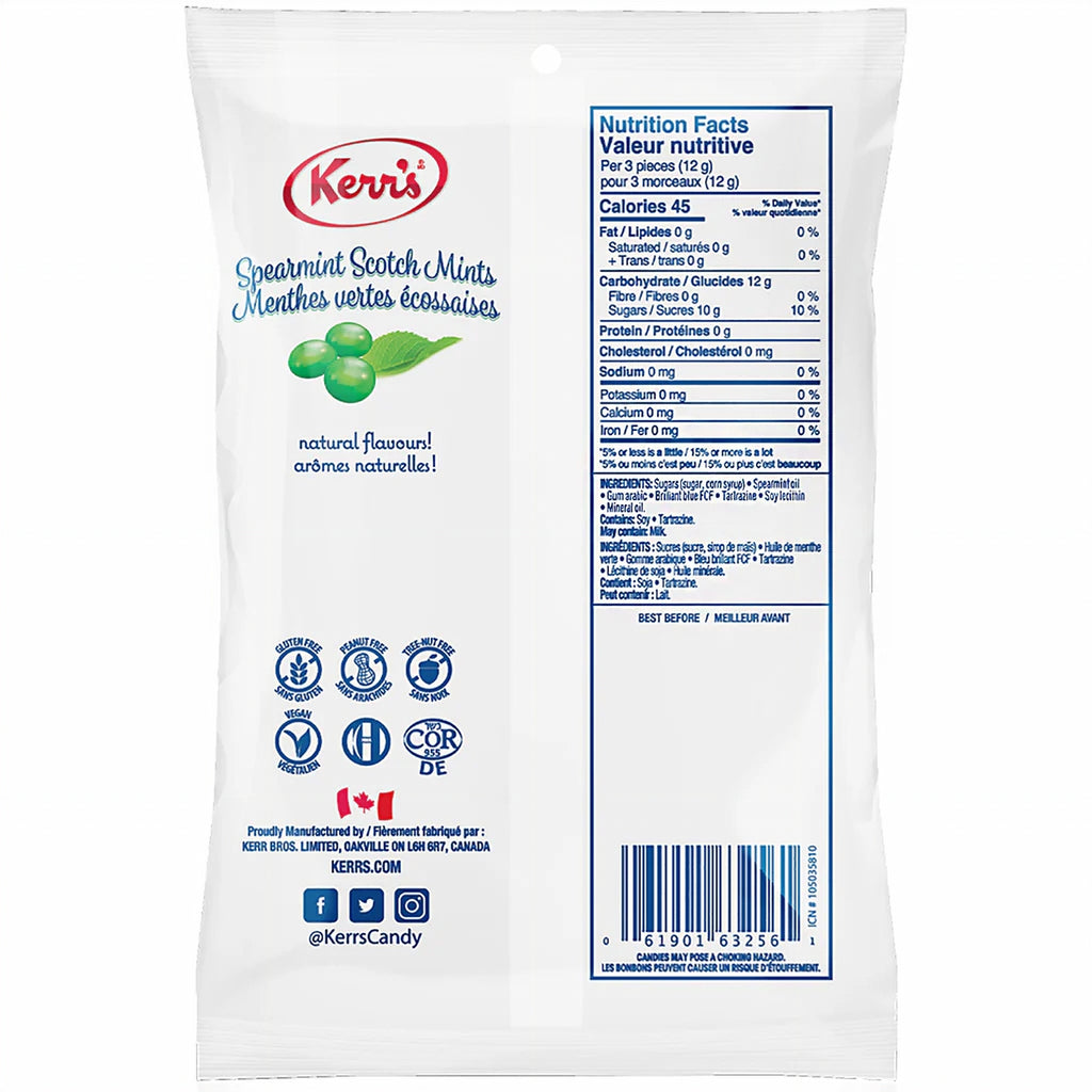 Kerr's Spearmint Scotch Mints, 200g/7.05 oz. - Back Of Bag