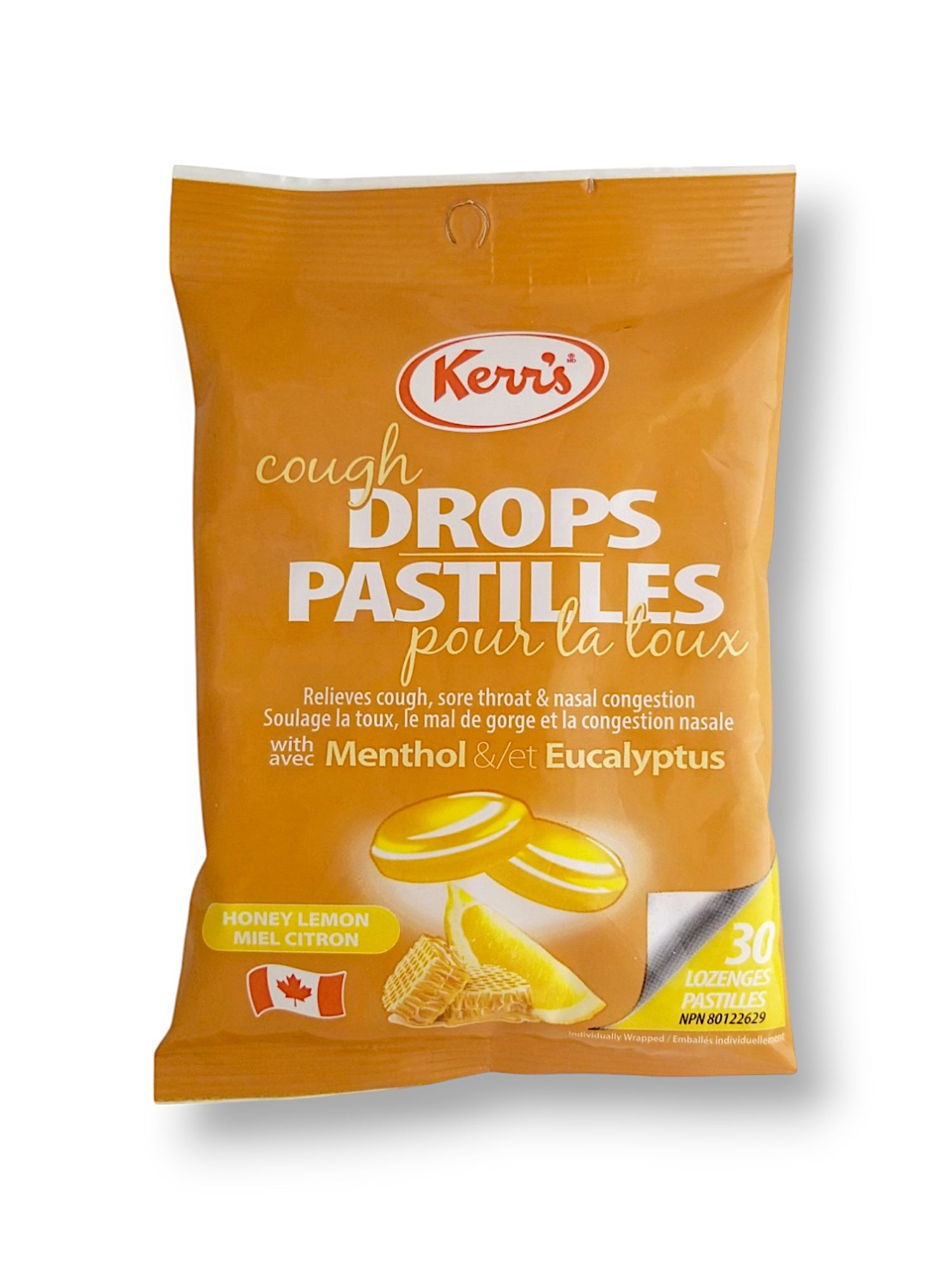 Kerr's Honey Lemon Cough Drops with Menthol & Eucalyptus, 30 Lozenges - Front Of Bag