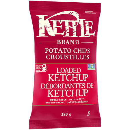 Angled view of Kettle Brand Loaded Ketchup potato chips bag