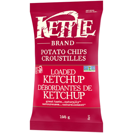 Second angled view of Kettle Brand Loaded Ketchup potato chips bag