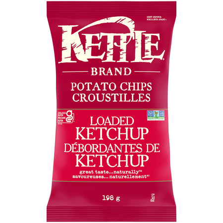 Front of Kettle Brand Loaded Ketchup potato chips 198 g / 7 oz bag