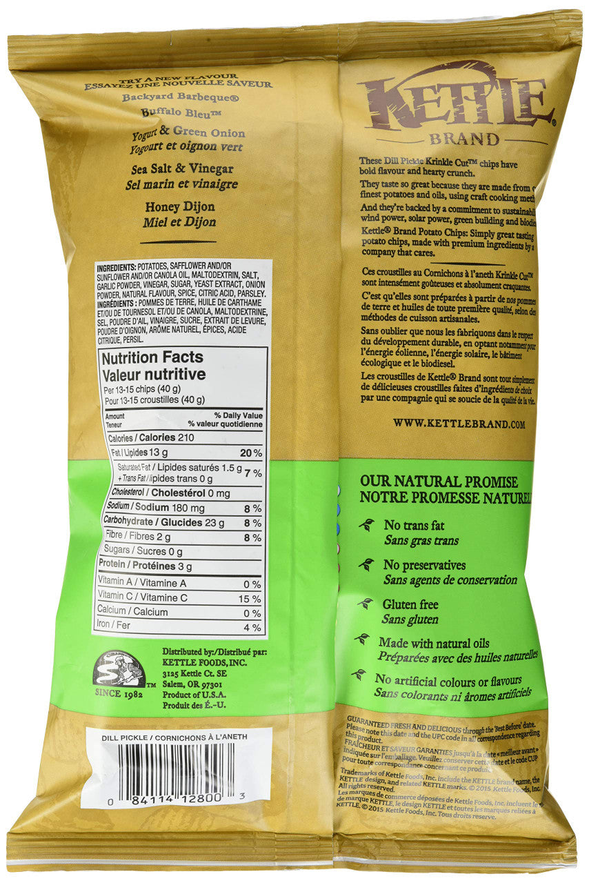 Kettle Dill Pickle Krinkle Cut Potato Chips, 220g/7.8oz. Bag Back Side