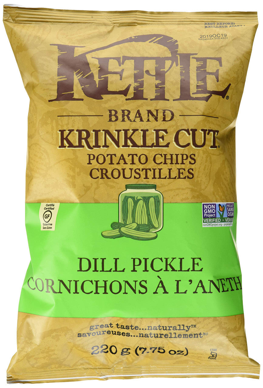 Kettle Dill Pickle Krinkle Cut Potato Chips, 220g/7.8oz. Bag Front