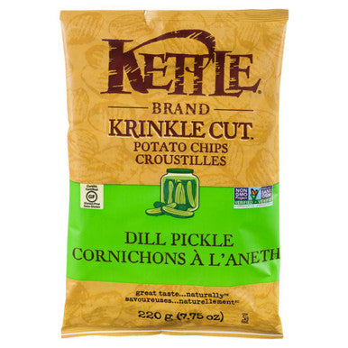 Kettle Dill Pickle Krinkle Cut Potato Chips, 220g/7.8oz. Bag Front Side