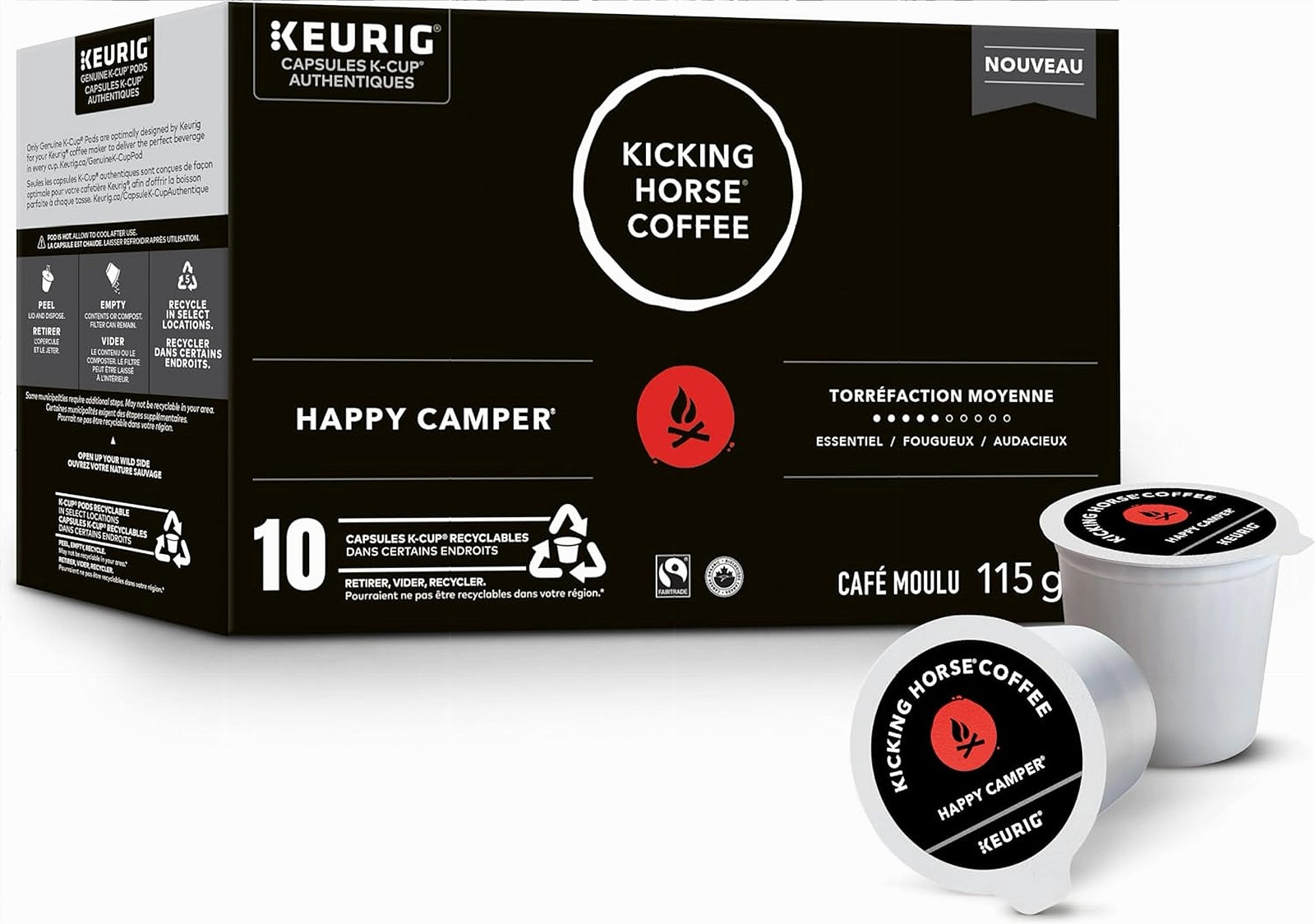 Kicking Horse Coffee Happy Camper Kéuric capsules packaging on a white background