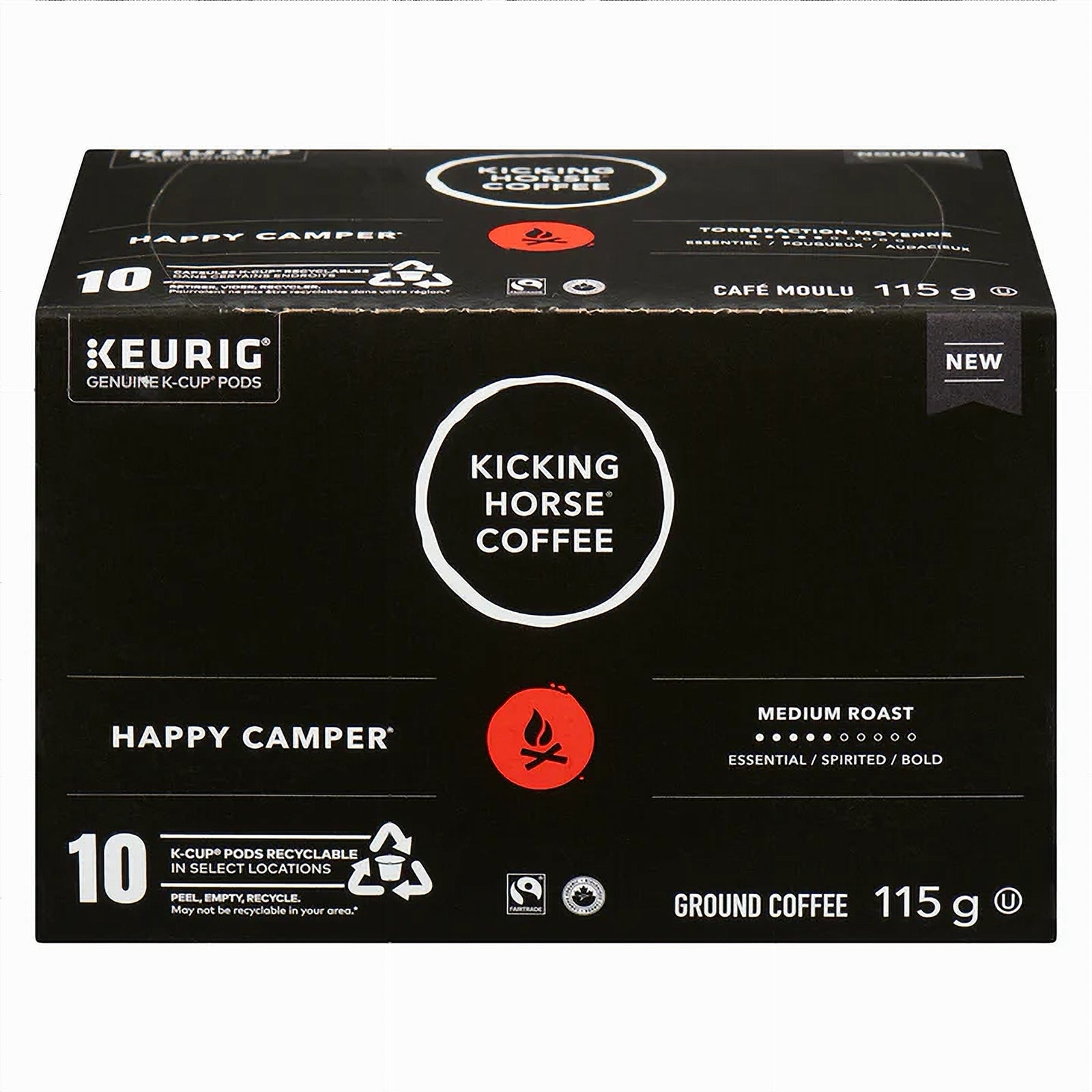 Box of Kicking Horse Coffee Happy Camper Medium Roast K-CUP Coffee 10 K-Cups pods - 115g on a white background