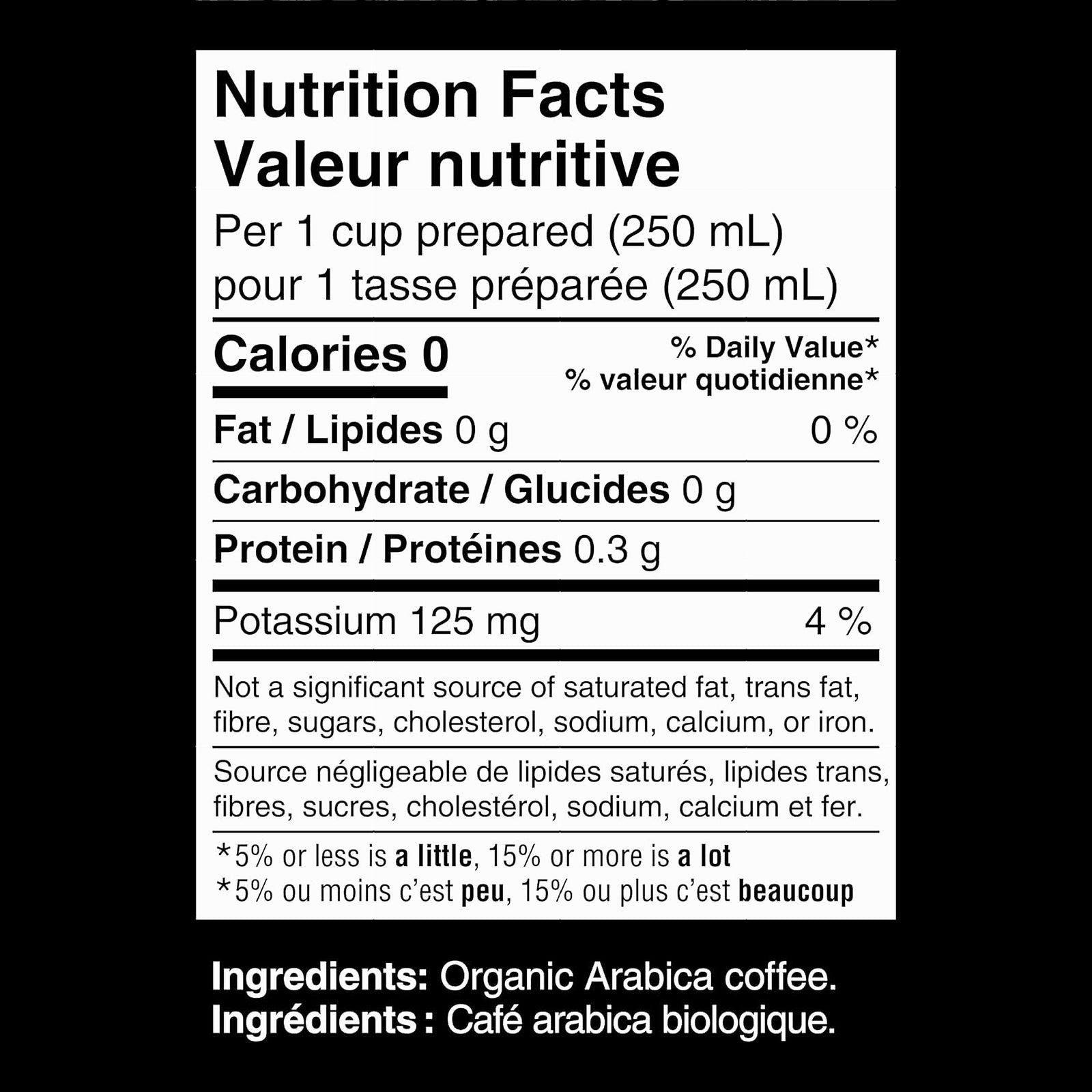Nutrition facts label for Kicking Horse Coffee Happy Camper Medium Roast K-CUP Coffee 10 K-Cups - 115g with black background