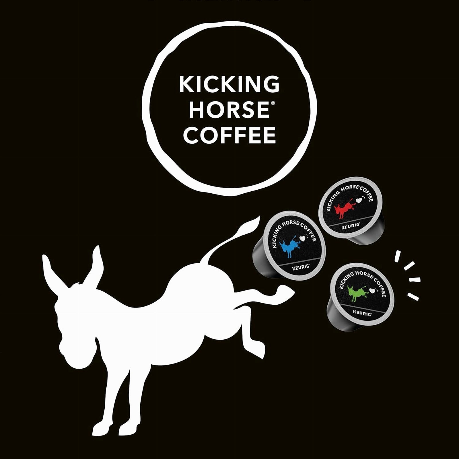 Kicking Horse Coffee packaging with coffee pods and a donkey illustration on a black background