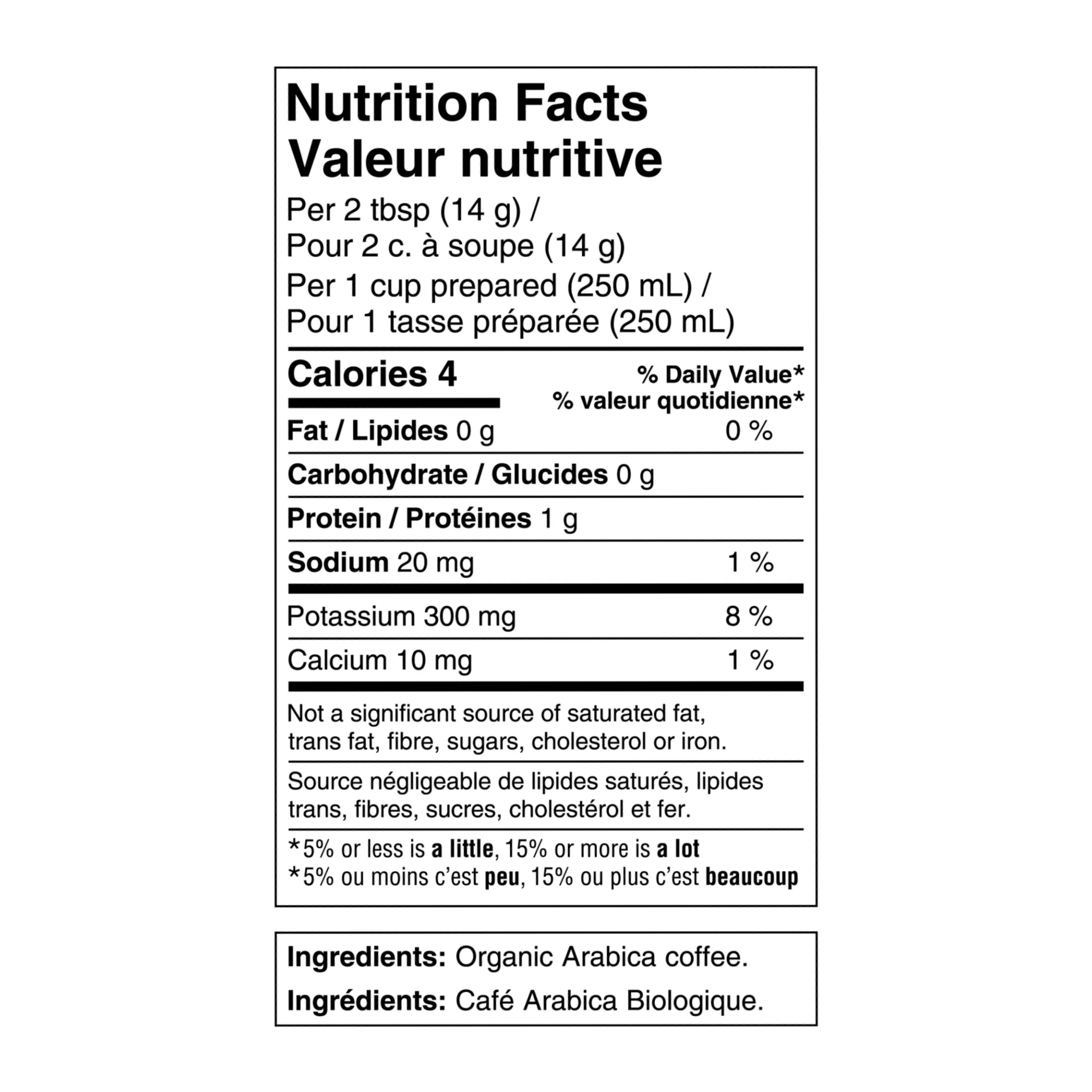 Nutrition facts and ingredients for Kicking Horse Happy Camper Organic Ground Coffee, Essential, Spirited, Bold, 850g/30 oz