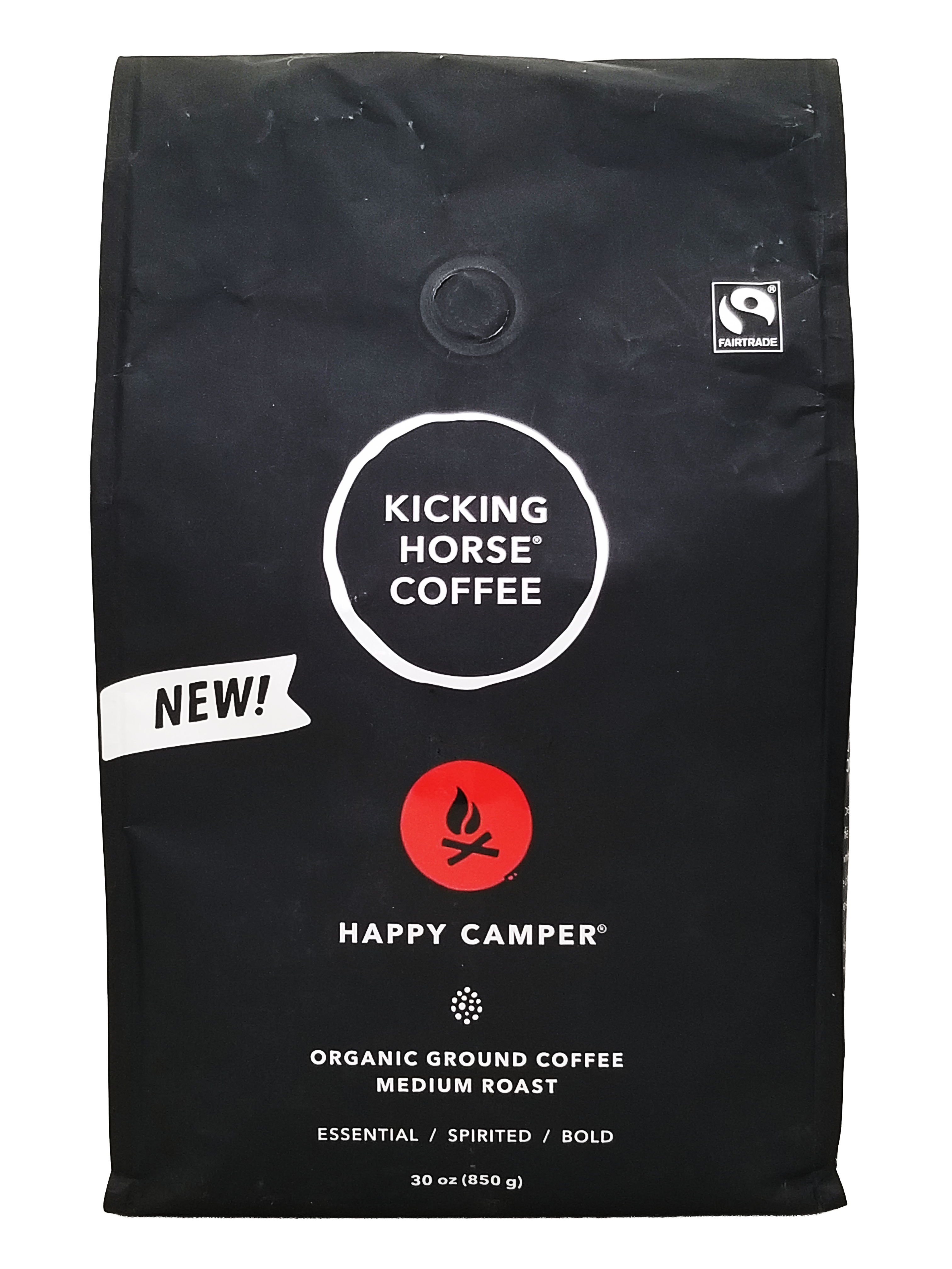Kicking Horse Coffee Happy Camper organic ground coffee package on a white background
