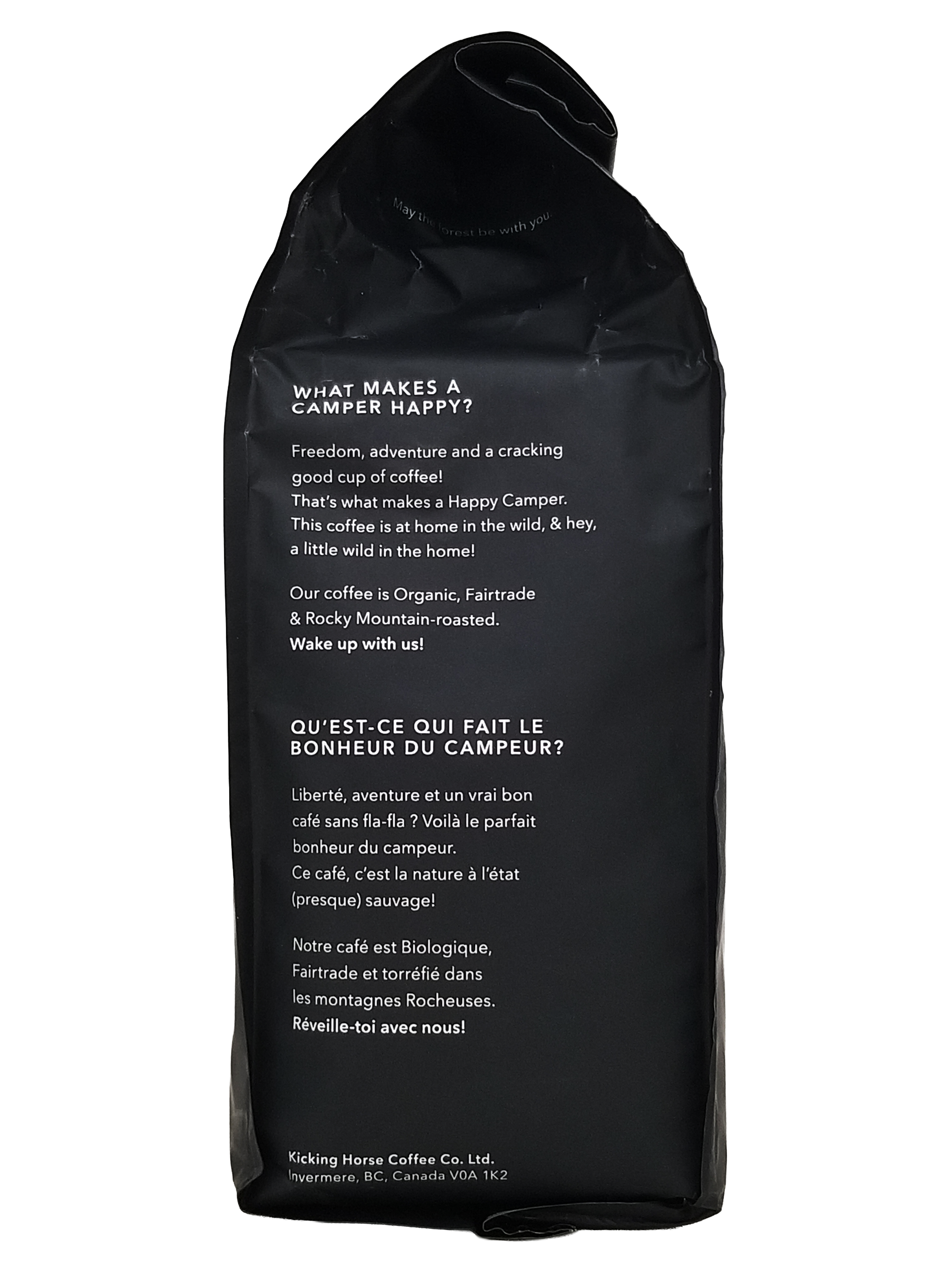 Black bag of Kicking Horse Happy Camper Organic Ground Coffee, Essential, Spirited, Bold, 850g/30 oz with white text on a white background