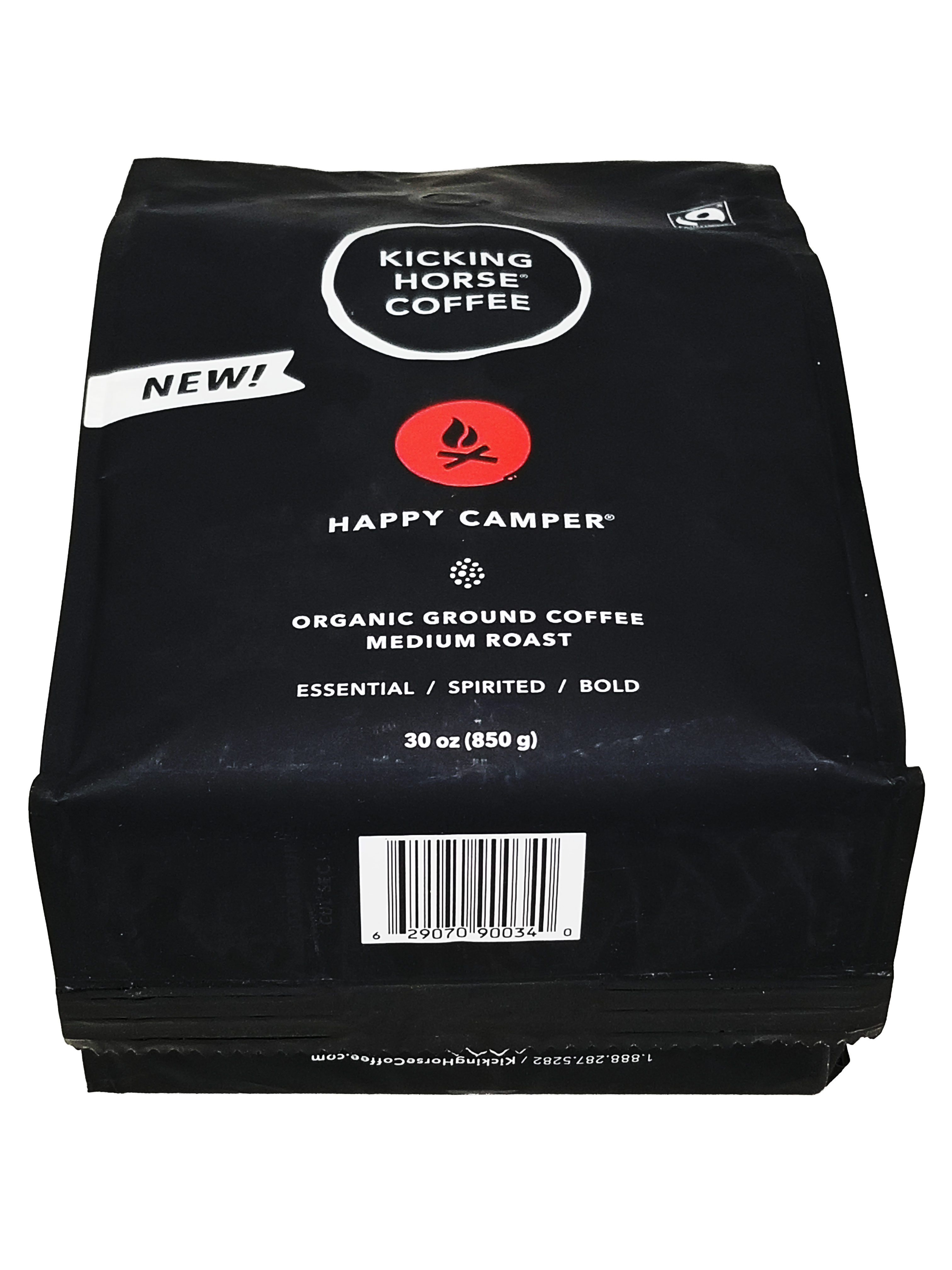 Kicking Horse Coffee Happy Camper organic ground coffee package on a white background