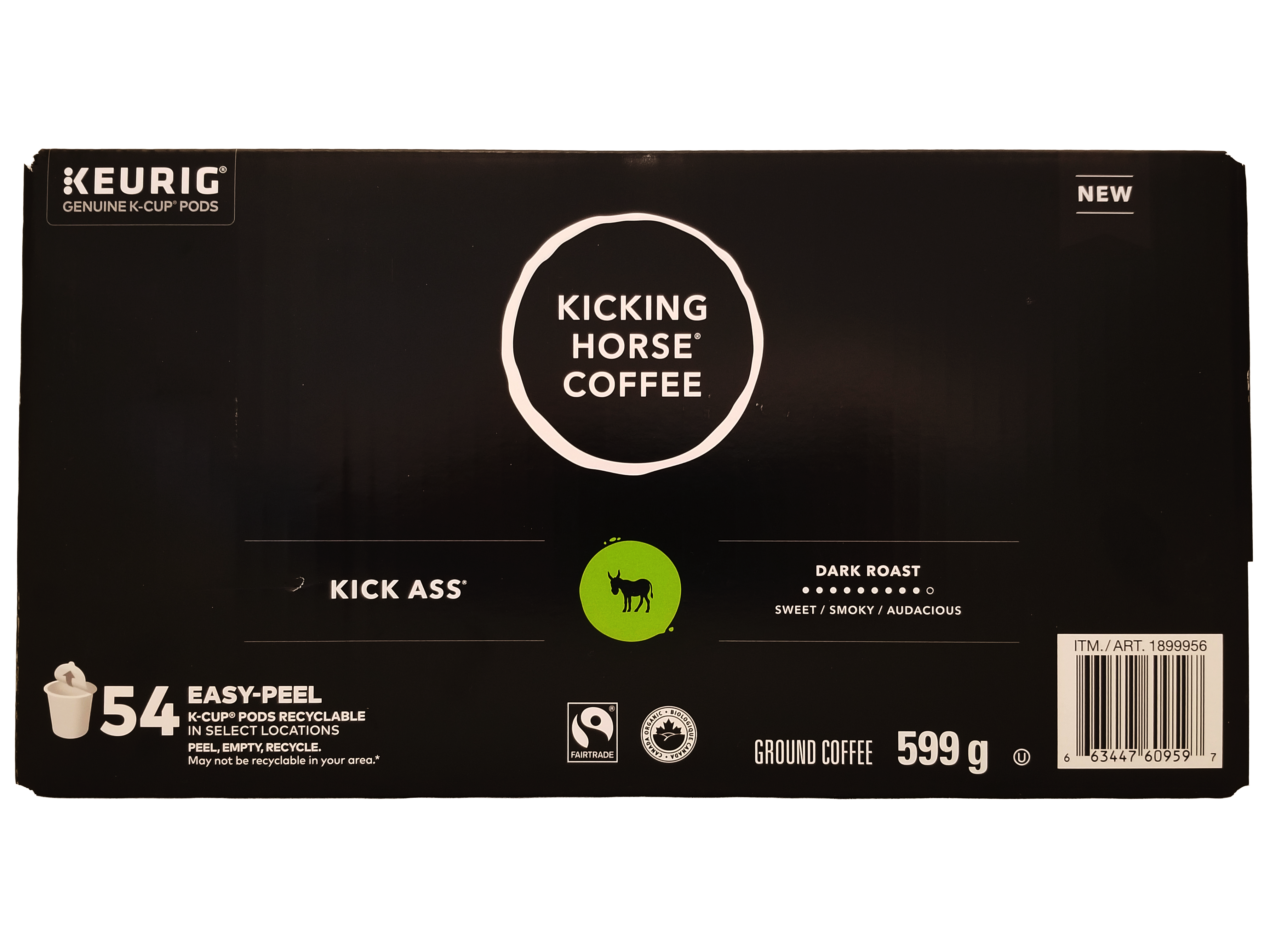 Kicking Horse Coffee package with black background and visible branding.