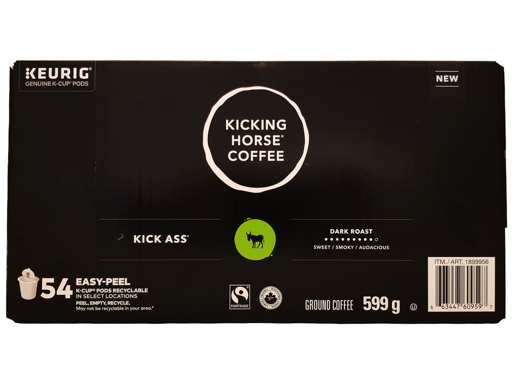 Kicking Horse Coffee package with black background and visible branding.