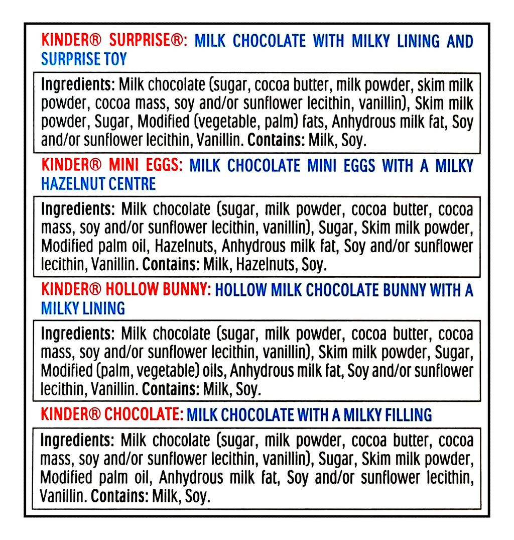 Kinder Mix, 7 Easter Treats & 1 Plush Toy, 116g/4.1 oz. - Ingredients Label