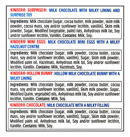 Kinder Mix, 7 Easter Treats & 1 Plush Toy, 116g/4.1 oz. - Ingredients Label