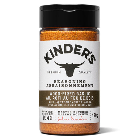 Kinder's Wood-Fired Garlic Seasoning 170 g shaker front label, hardwood smoked flavor, founded 1946, premium quality