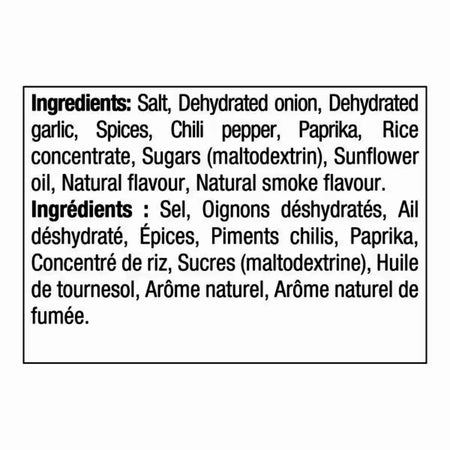 Kinder's Wood-Fired Garlic Seasoning ingredients — salt, dehydrated garlic, onion, paprika, chili pepper, natural smoke flavor