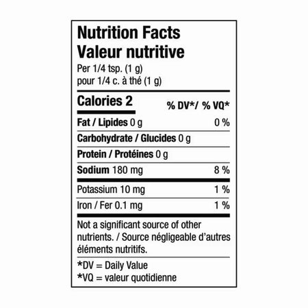 Kinder's Wood-Fired Garlic Seasoning nutrition facts label — 2 calories per 1/4 tsp serving, 0g fat, 180mg sodium