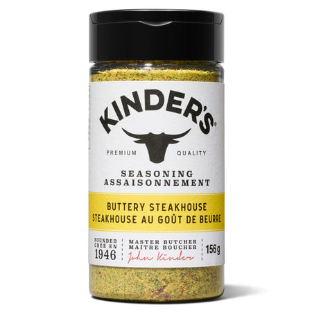 Kinder's Buttery Steakhouse Seasoning 156 g shaker with yellow label, black lid, and longhorn logo
