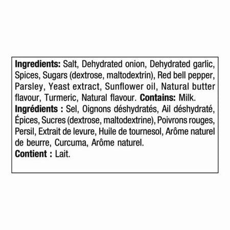 Kinder's Buttery Steakhouse Seasoning bilingual ingredients label — contains salt, dehydrated onion, garlic, natural butter flavor, and turmeric
