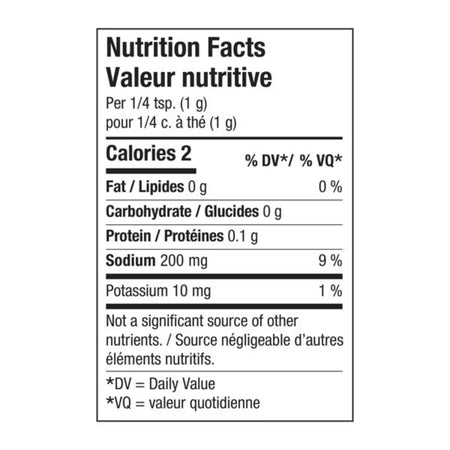 Kinder's Buttery Steakhouse Seasoning nutrition facts label — 2 calories per 1/4 tsp serving, 200 mg sodium, bilingual English and French