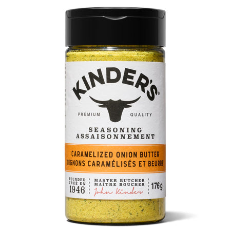 Kinder's Caramelized Onion Butter Seasoning 176 g shaker front label, premium quality dry rub seasoning blend