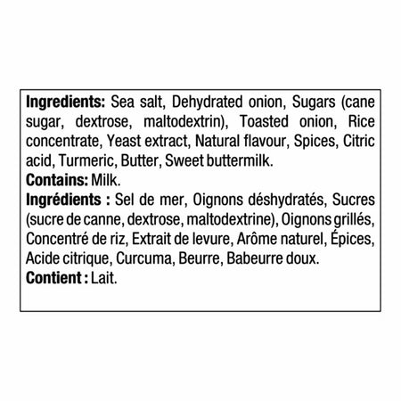 Kinder's Caramelized Onion Butter Seasoning ingredients label — sea salt, dehydrated onion, butter, sweet buttermilk, contains milk
