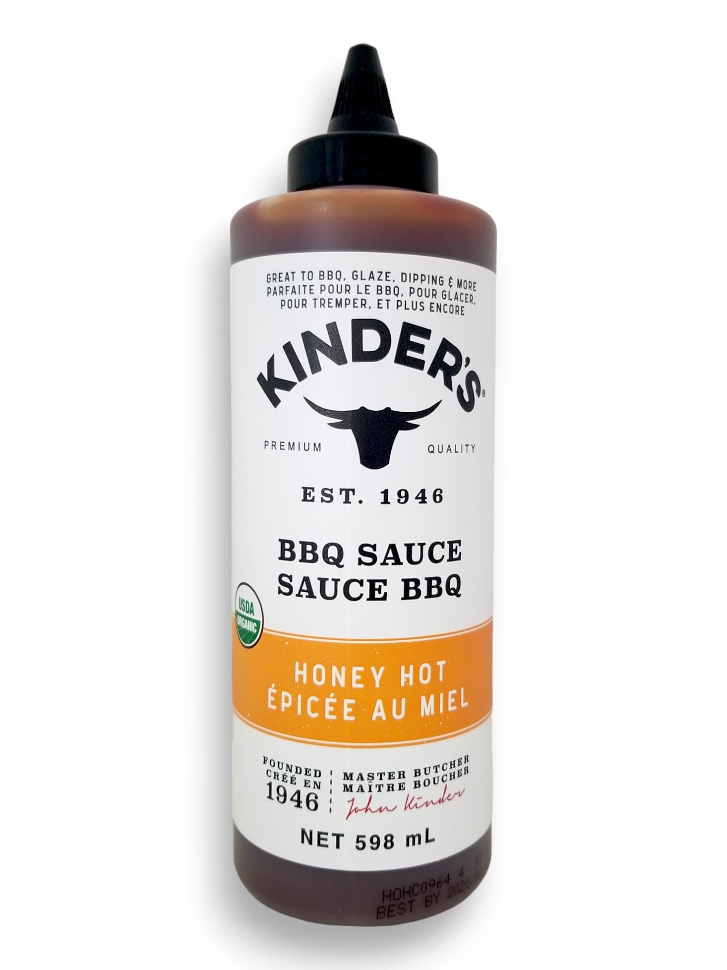 Kinder's Hot Honey BBQ Sauce, 598ml/20.2 oz., Squeeze Bottle, front of bottle.