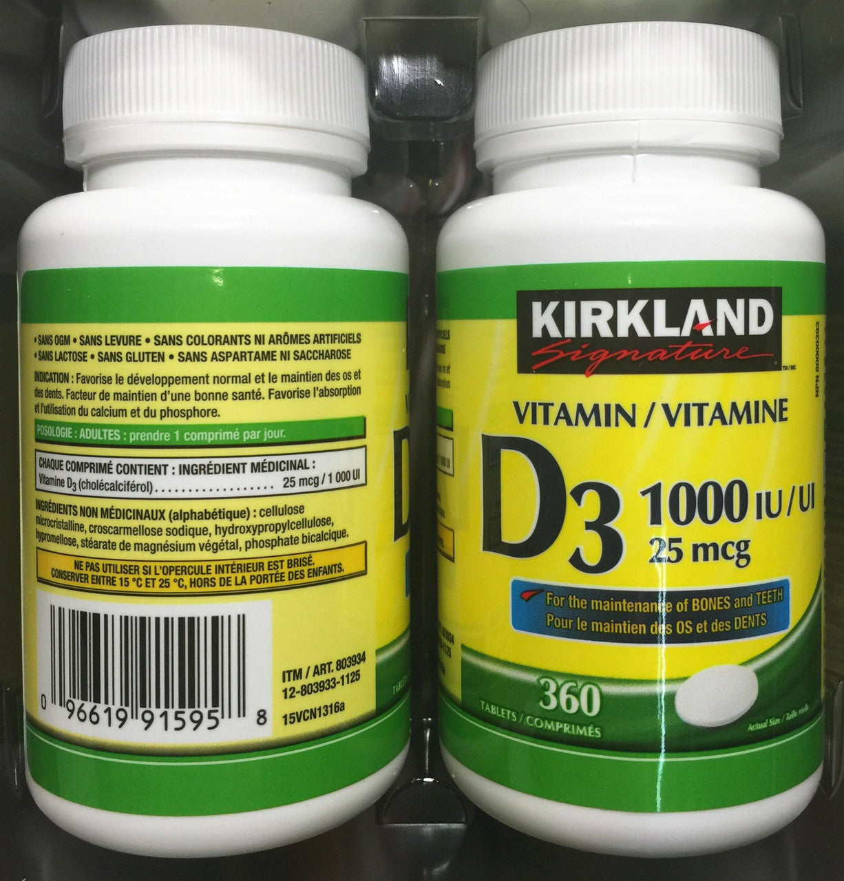 Kirkland Signature Vitamin D3 25mcg - Front and Back