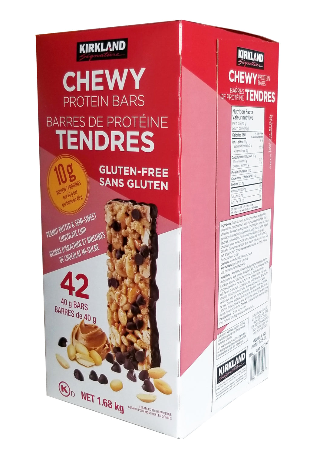 Kirkland Signature Chewy Protein Bars, Peanut Butter & Semi-Sweet Chocolate Chip Flavor, 42 Bars, 1.68kg/3.7 lbs. Box {Imported from Canada}