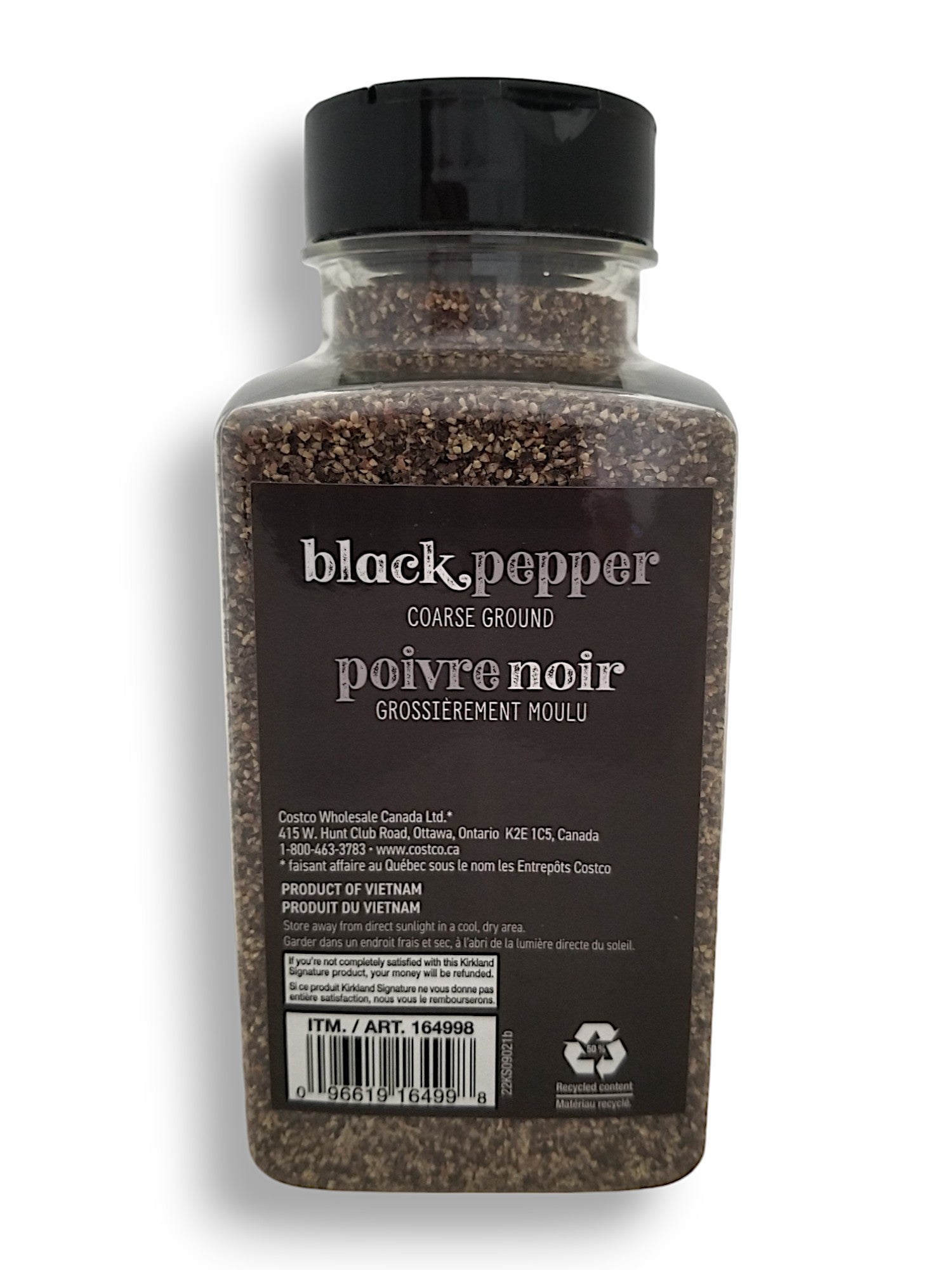 Kirkland Signature Coarse Ground Black Pepper, 360g/15.7 oz., Shaker, back of shaker