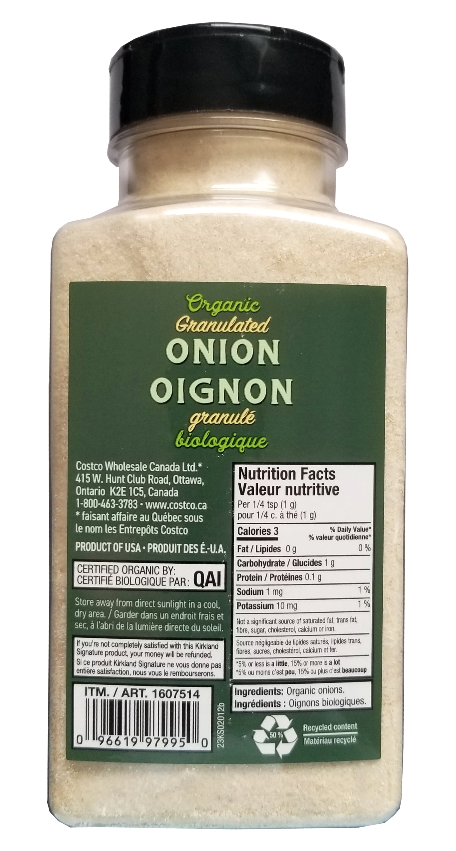 Kirkland Signature Organic Granulated Dried Onion, 454g/15.9 oz. Bottle Back Side