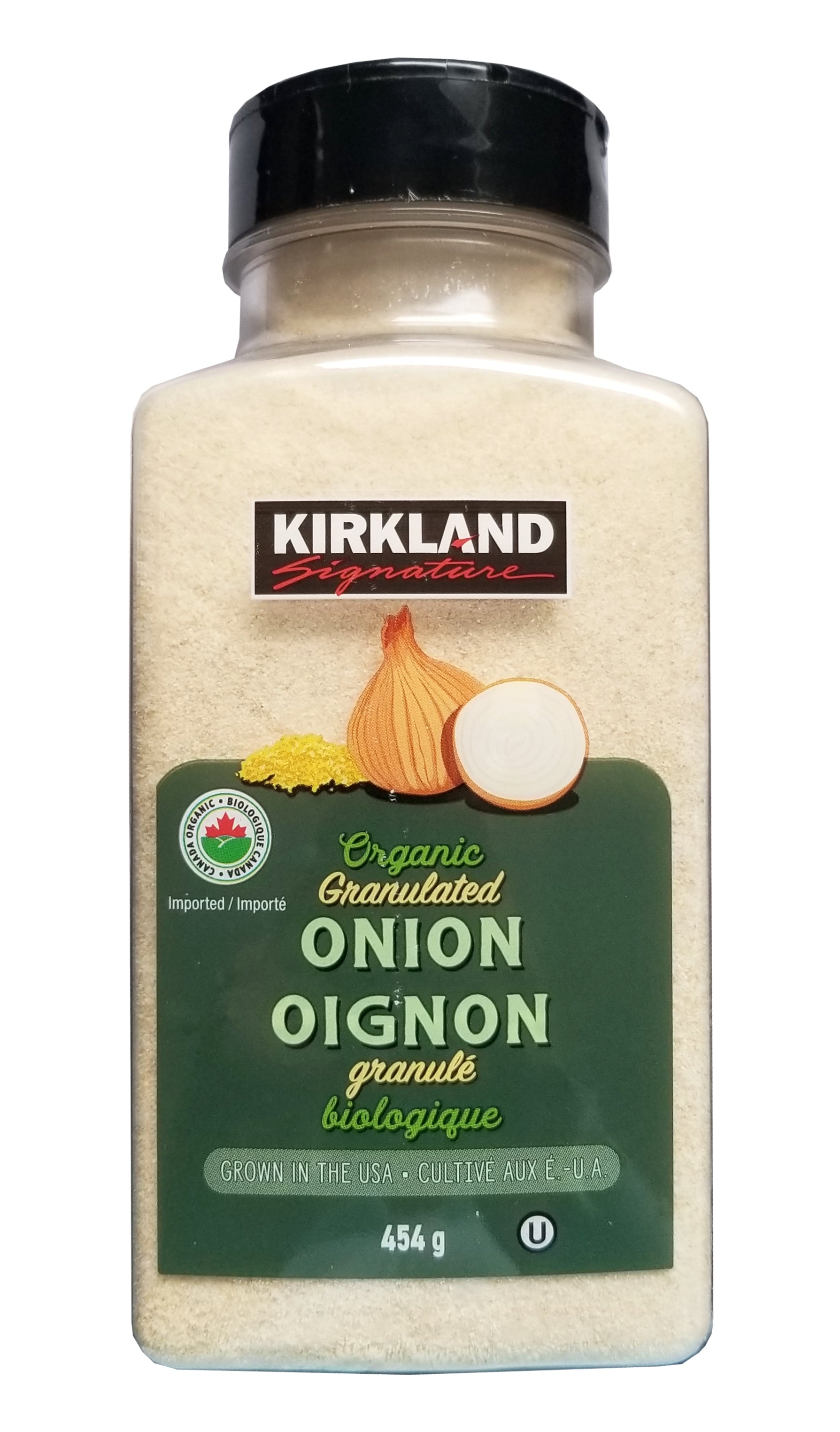 Kirkland Signature Organic Granulated Dried Onion, 454g/15.9 oz. Bottle Front