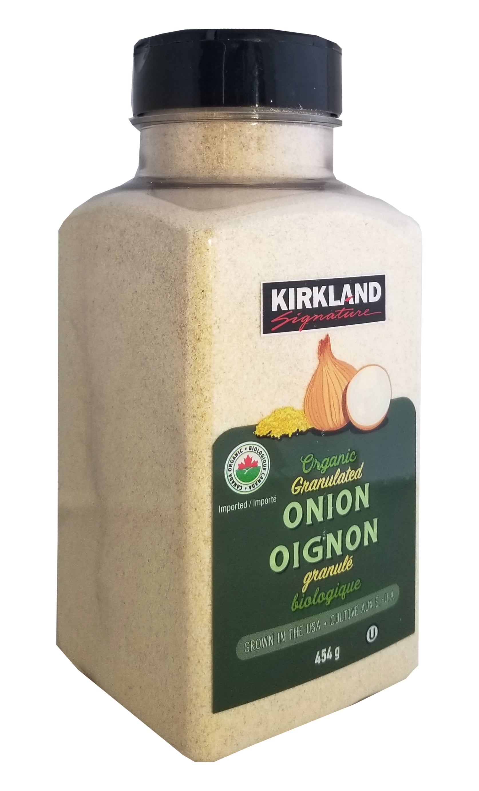 Kirkland Signature Organic Granulated Dried Onion, 454g/15.9 oz. Bottle Left Side