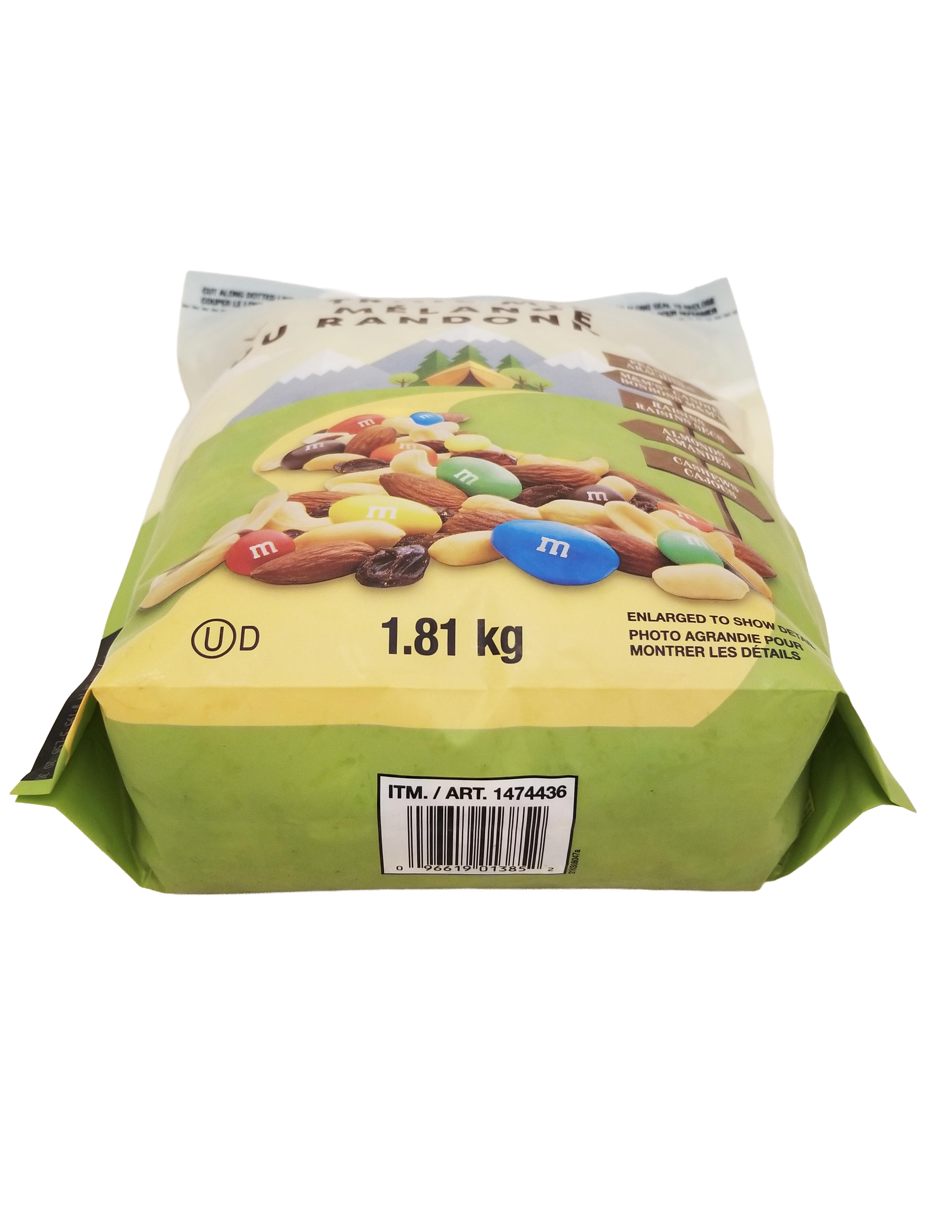 Kirkland Trail Mix with Nuts, M&M's & Raisins, 1.81/4 lbs with colorful contents on a white background